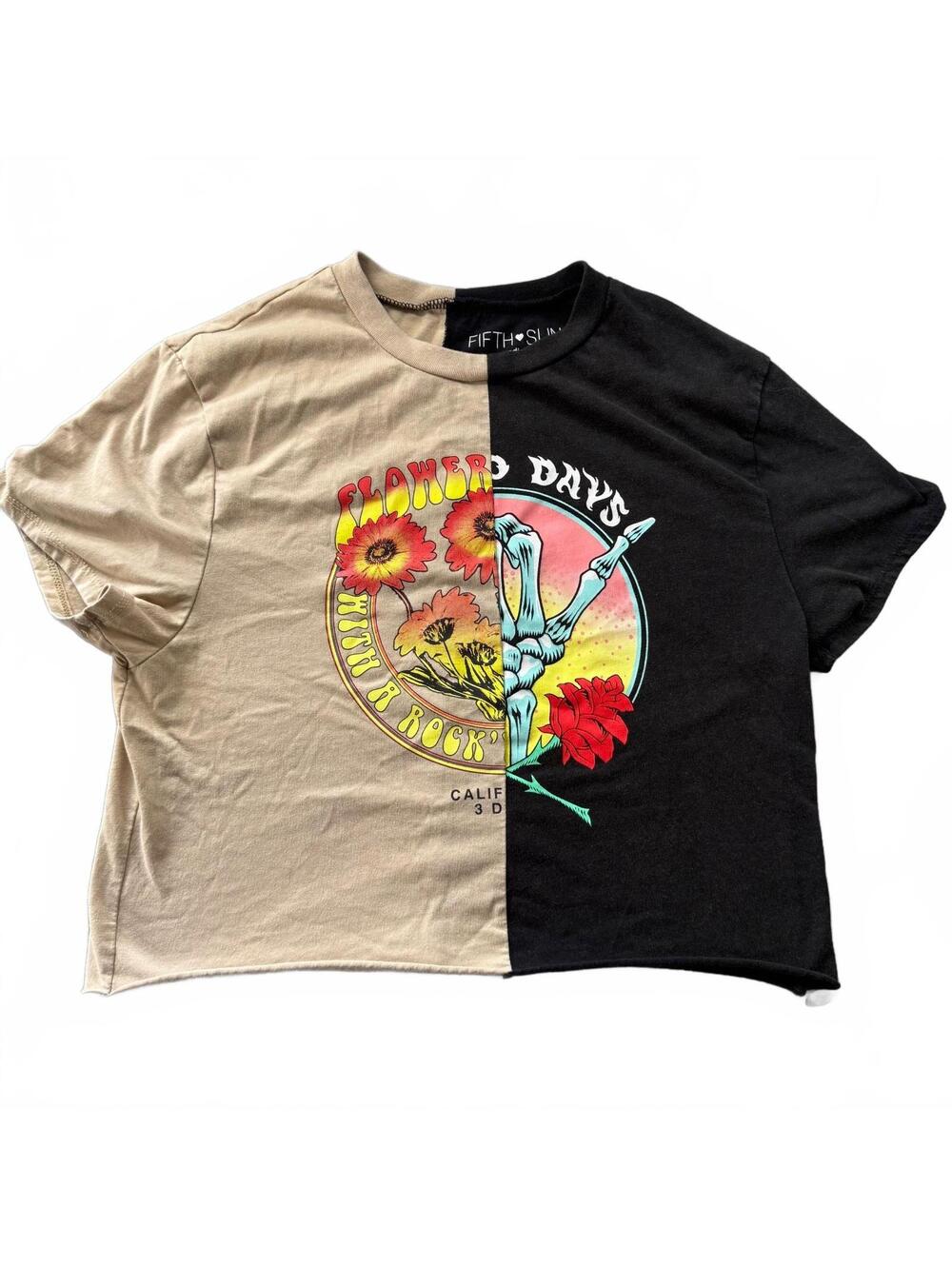 Fifth Sun Split Color Crop Top Medium - Tan Black Skeleton Flower Graphic Tee